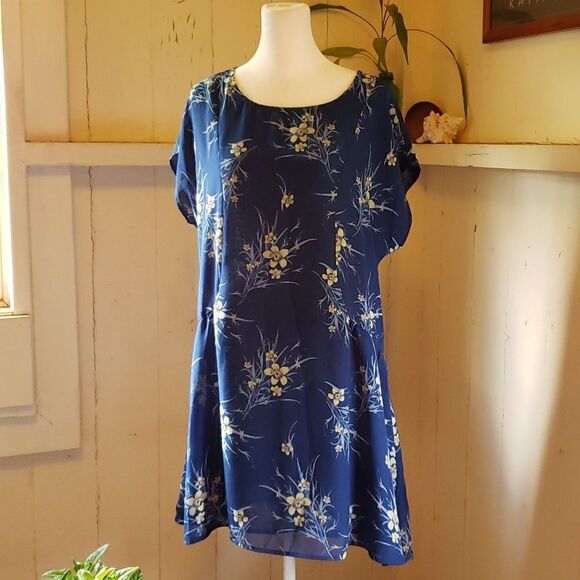 BAND OF GYPSIES Blue Floral Flowy Boho Baby Doll Mini Dress large Festiv… - Picture 1 of 11